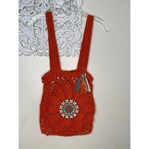 Crochet Flower Market Farmer's Beach Mesh Bag Tote Orange Teal Ecru 13" x 13"